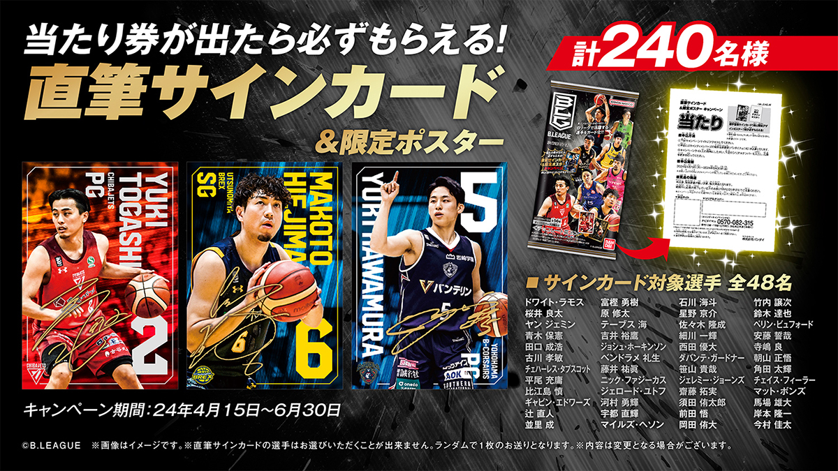 B.LEAGUE ツインウエハース 当たり券が出たら必ずもらえる！直筆サインカード＆限定ポスタープレゼントキャンペーン