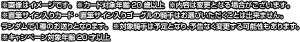 ※画像はイメージです。※カード対象年齢20歳以上※内容は変更となる場合がございます。※直筆サイン入りカード・直筆サイン入りゴーグルの騎手はお選びいただくことは出来ません。ランダムで1種のお送りとなります。※対象騎手は予定となり、予告なく変更する可能性もあります。※キャンペーン対象年齢20才以上