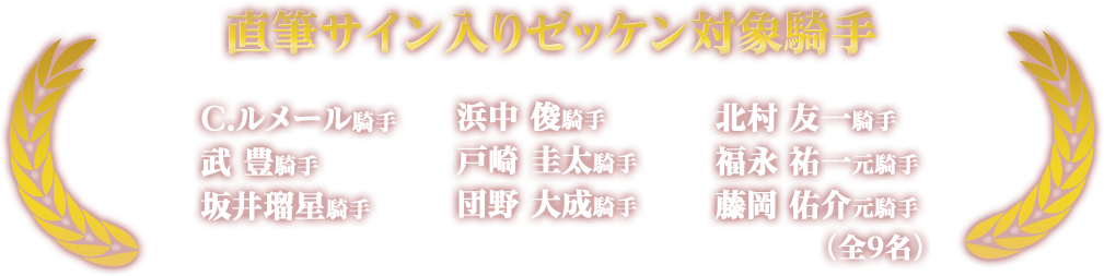 直筆サイン入りゼッケン対象騎手 C.ルメール騎手 浜中 俊騎手 北村 友一騎手 武 豊騎手 戸崎 圭太騎手 福永 祐一元騎手 坂井 瑠星騎手 団野 大成騎手 藤岡 佑介元騎手（全9名）
