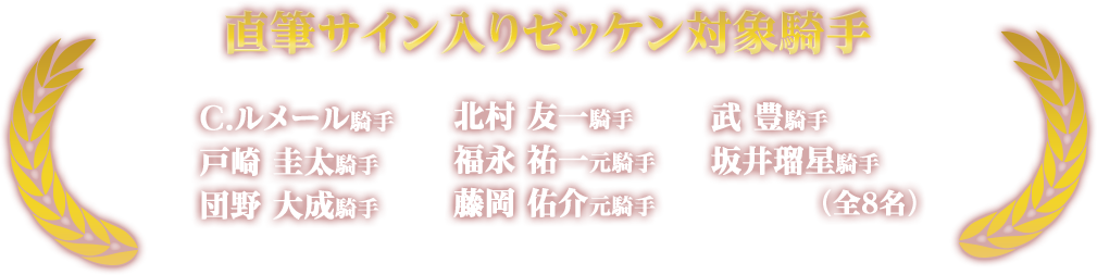 直筆サイン入りゼッケン対象騎手 C.ルメール騎手 北村 友一騎手 武 豊騎手 戸崎 圭太騎手 福永 祐一元騎手 坂井 瑠星騎手 団野 大成騎手 藤岡 佑介元騎手（全8名）