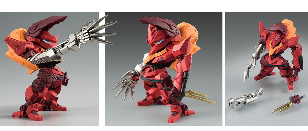 ▲ゴールドカラーは重厚な塗装でリッチに再現。MVSは両手に携行できるほか、コクピットブロックにマウントパーツを備えており、収納状態も再現できる。