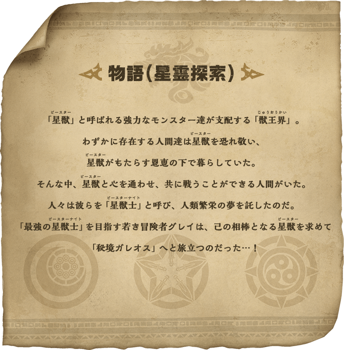 物語(星霊探索) 「星獣」と呼ばれる強力なモンスター達が支配する「獣王界」。わずかに存在する人間達は星獣を恐れ敬い、星獣がもたらす恩恵の下で暮らしていた。そんな中、星獣と心を通わせ、共に戦うことができる人間がいた。人々は彼らを「星獣士」と呼び、人類繁栄の夢を託したのだ。「最強の星獣士」を目指す若き冒険者グレイは、己の相棒となる星獣を求めて「秘境ガレオス」へと旅立つのだった…！