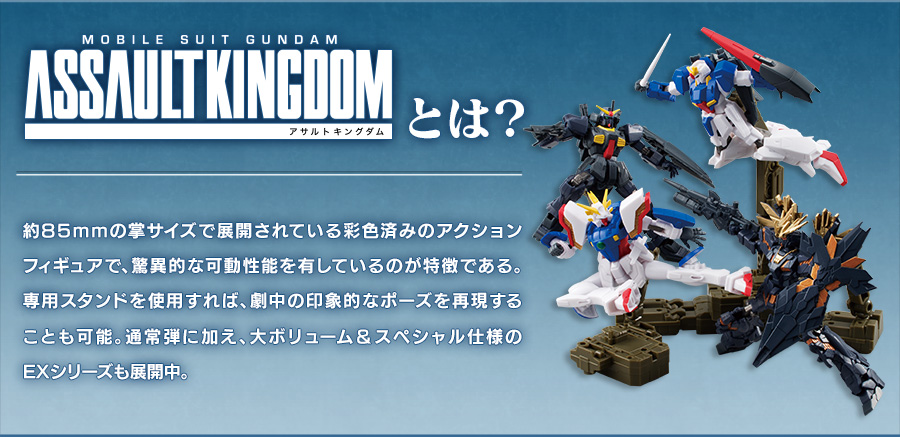 ASSAULT KINGDOMとは？：約85mmの掌サイズで展開されている彩色済みのアクションフィギュアで、驚異的な可動性能を有しているのが特徴である。専用スタンドを使用すれば、劇中の印象的なポーズを再現することも可能。通常弾に加え、大ボリューム＆スペシャル仕様のEXシリーズも展開中。