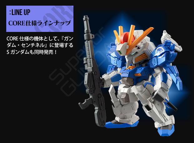 LINE UP CORE仕様ラインナップ　CORE仕様の機体として、『ガンダム・センチネル』に登場するSガンダムも同時発売！