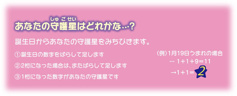あなたの守護星はどれかな…?誕生日からあなたの守護星をみちびきます。1.誕生日の数字をばらして足します2.2桁になった場合は、またばらして足します3.1桁になった数字があなたの守護星です