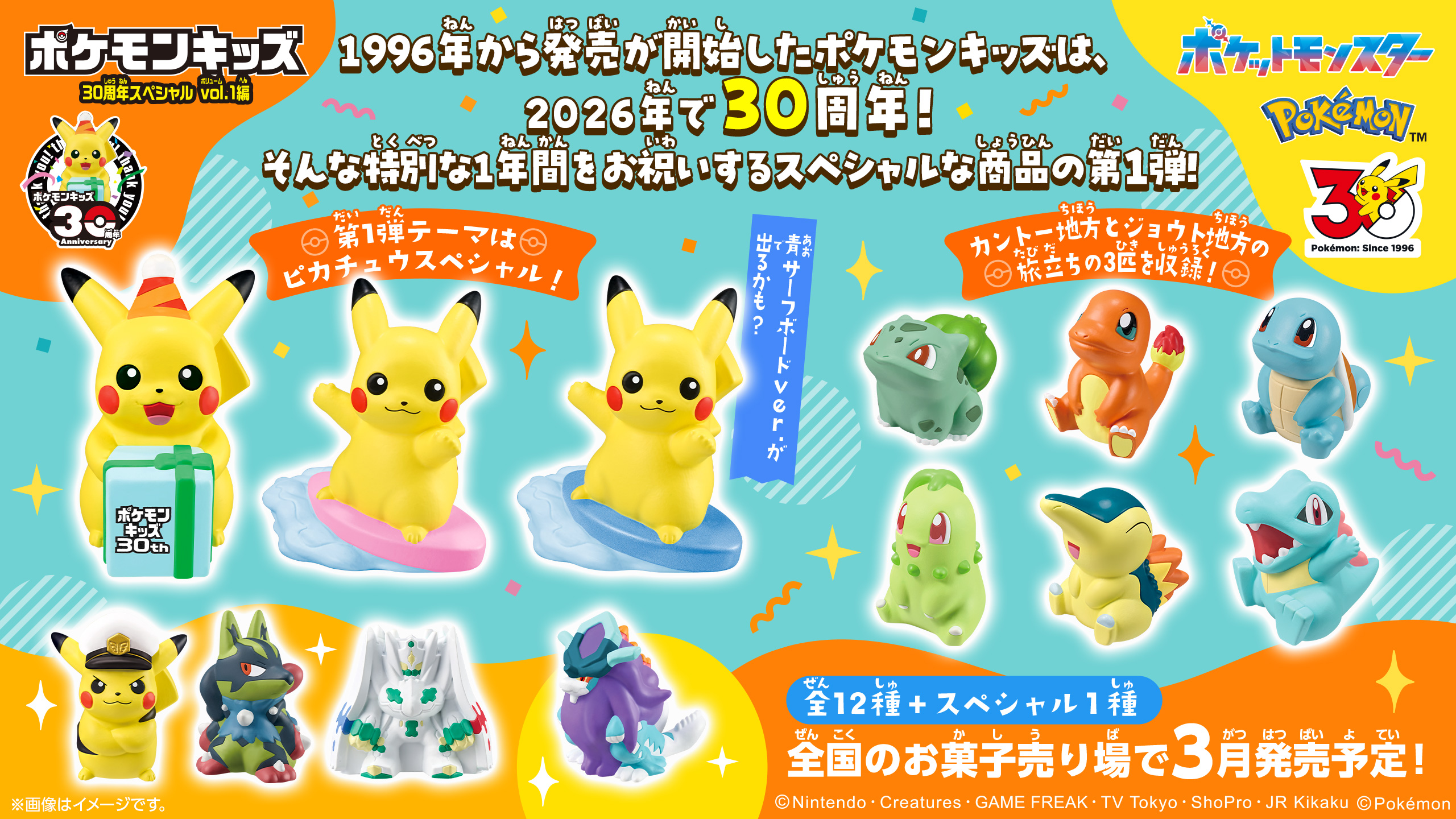 1996年から発売が開始したポケモンキッズは、2026年で30周年！そんな特別な1年間をお祝いするスペシャルな商品の第1弾！第1弾テーマはピチャチュウスペシャル！ 青サーフボードver.が出るかも？ カントー地方とジョウト地方の旅立ちの3匹を収録！ 全12種+スペシャル1種 全国のお菓子売り場で3月発売予定!