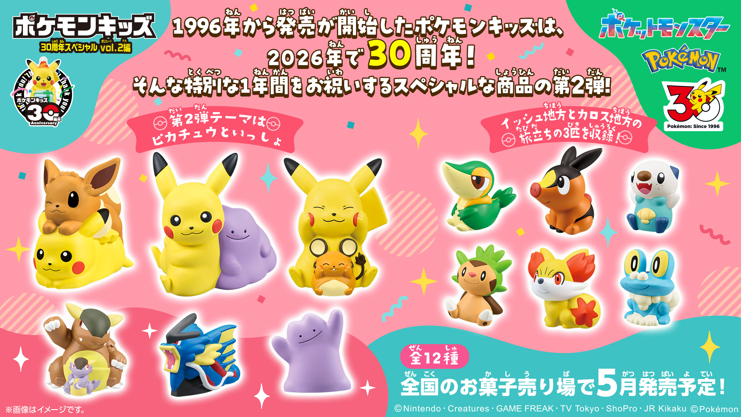 1996年から発売が開始したポケモンキッズは、2026年で30周年！そんな特別な1年間をお祝いするスペシャルな商品の第2弾！第2弾テーマはピカチュウといっしょ イッシュ地方とカロス地方の旅立ちの3匹を収録！ 全12種 全国のお菓子売り場で5月発売予定!