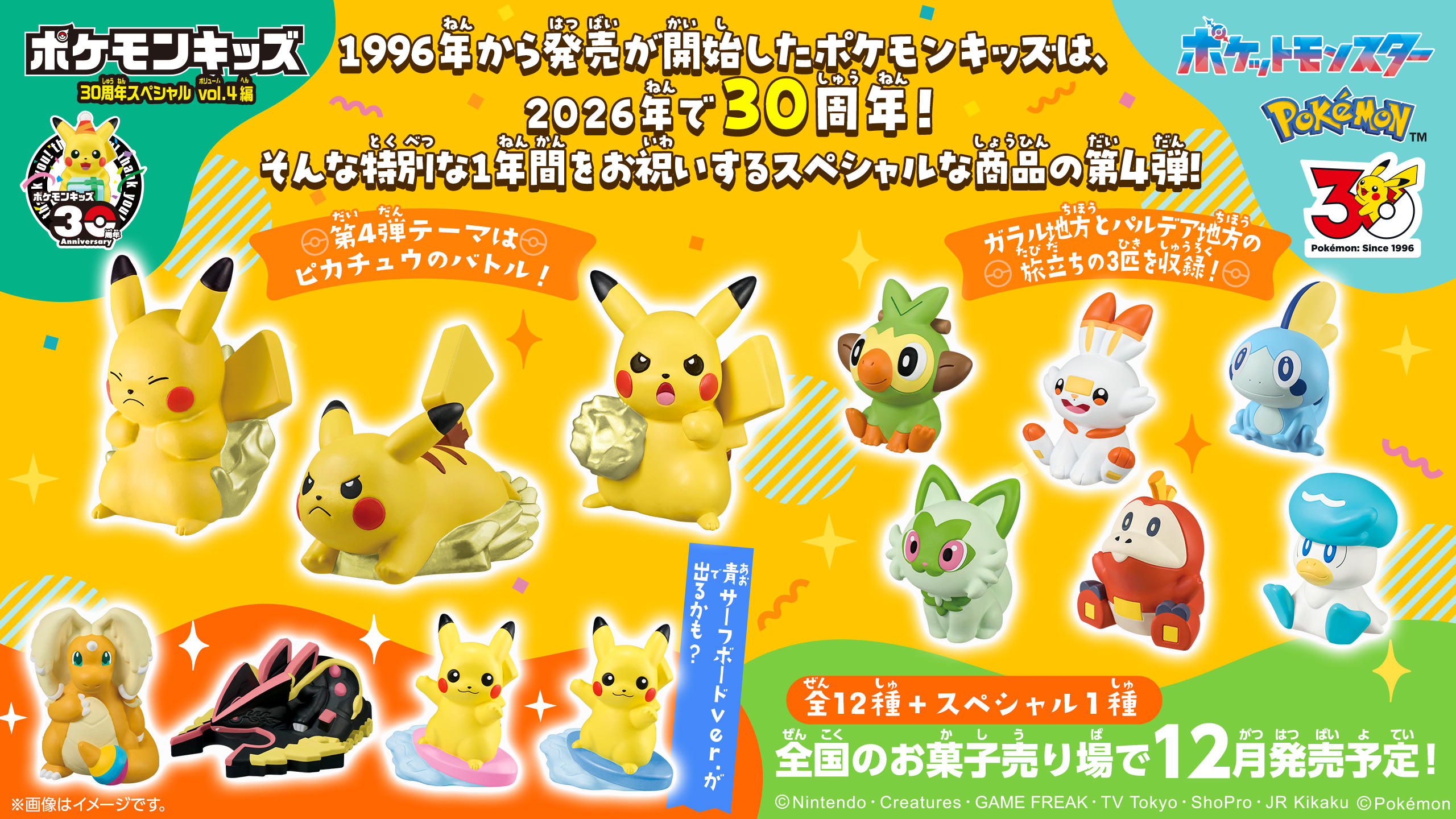 1996年から発売が開始したポケモンキッズは、2026年で30周年！そんな特別な1年間をお祝いするスペシャルな商品の最終弾！今回のテーマは「ピカチュウのバトル」。10まんボルト、ボルテッカー、かみなりパンチを出しているピカチュウを収録！また、ガラル地方とパルデア地方の旅立ちの3匹を含む全13種をラインナップ。旅立ちの3匹は今弾で全27匹が揃います！ポケモンキッズ30周年を一緒にお祝いしよう！ 全12種 全国のお菓子売り場で12月発売予定!