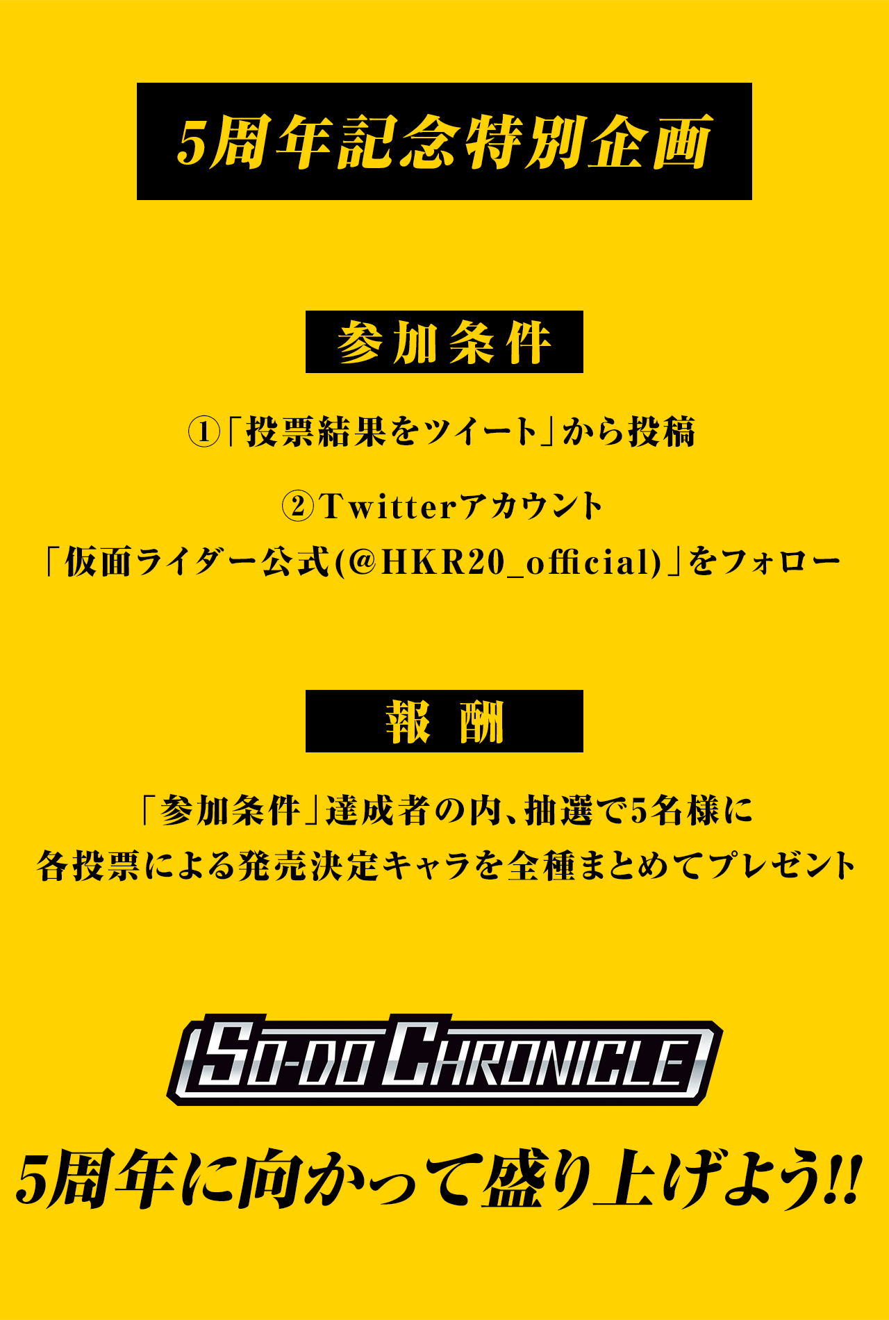 5周年記念特別企画：参加条件①「投票結果をツイート」から投稿②Twitterアカウント「仮面ライダー公式(@HKR20_official)」をフォロー　報酬：「参加条件」達成者の内、抽選で5名様に各投票による発売決定キャラを全種まとめてプレゼント