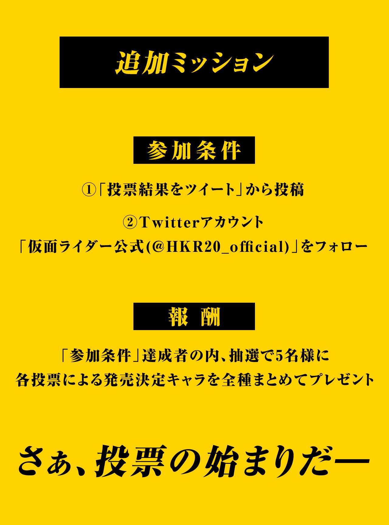 追加ミッション　参加条件：投票完了後、ツイートボタンから投稿　報酬：「参加条件」達成者の内、抽選で5名様に各投票による発売決定キャラを全種まとめてプレゼント　さぁ、投票の始まりだ