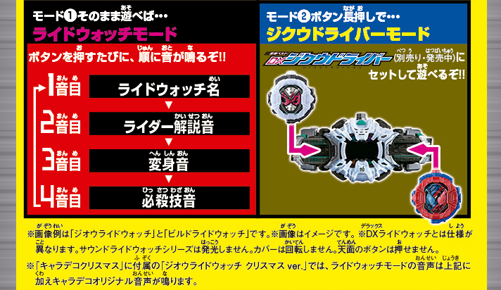 モード1　そのまま遊べば…
                                             ライドウォッチモード
                                             ボタンを押すたびに、順に音が鳴るぞ！！
                                             モード2　ボタンを長押しで…
                                             ジクウドライバーモード
                                             DXジクウドライバー(別売・発売中)にセットして遊べるぞ！！