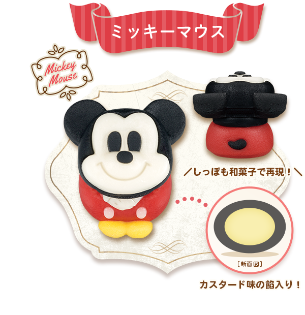 １）ミッキーマウス：しっぽも和菓子で再現！カスタード味の餡入り！