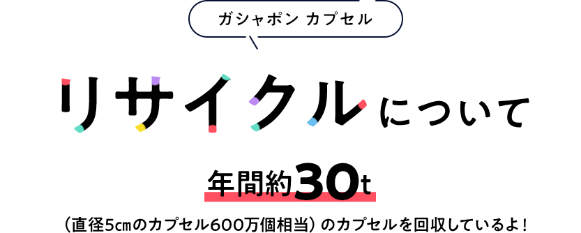 ガシャポンカプセル リサイクルについて 年間約30t（直径5㎝のカプセル600万個相当）のカプセルを回収しているよ！