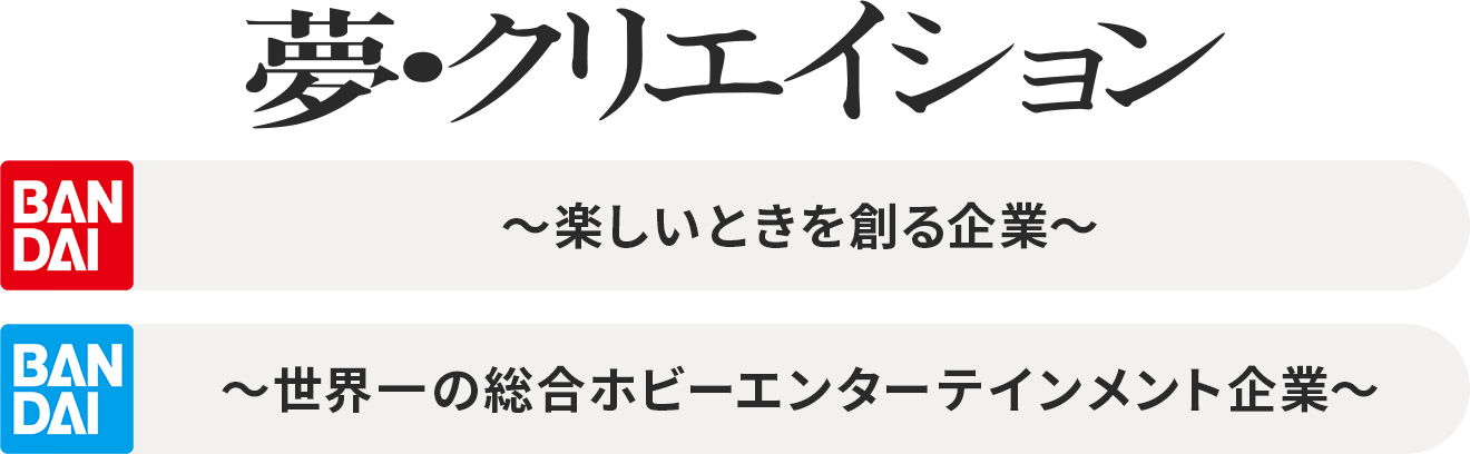 夢・クリエイション BANDAI…楽しいときを創る企業 BANDAI SPIRITS…世界一の総合ホビーエンターテインメント企業