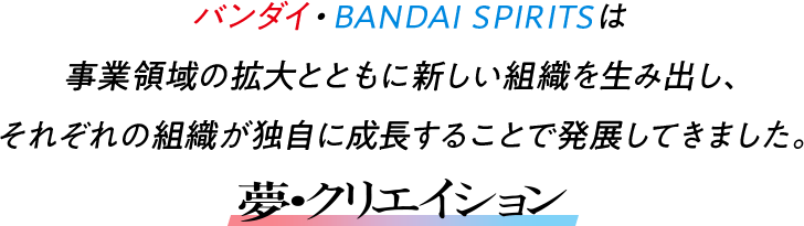 バンダイ・BANDAI SPIRITSは事業領域の拡大とともに新しい組織を生み出し、それぞれの組織が独自に成長することで発展してきました。夢・クリエイション