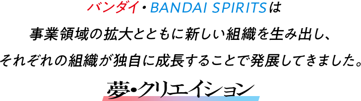 バンダイ・BANDAI SPIRITSは事業領域の拡大とともに新しい組織を生み出し、それぞれの組織が独自に成長することで発展してきました。