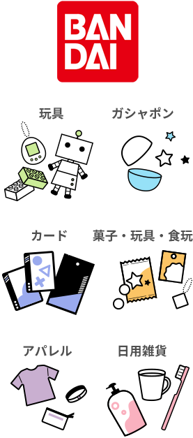 玩具／ガシャポン／カード／菓子・食品・食玩／アパレル／日用雑貨